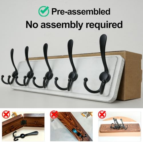 WEBI Coat Rack Wall Mount,Coat Hooks Wall Mounted,16" Hole to Hole,Coat Hanger Wall,Wood Hook Rack Rail,5 Triple Hooks for Hanging Coats,Jacket,Clothes,Farmhouse,Black/White - Image 6