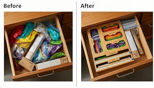 Storage Bag organizer, 6 in 1 Foil and Plastic Wrap Dispenser with Cutter, Bamboo Kitchen Drawer Organizer Food Bag Organizer for Gallon, Quart, Sandwich, Snack Bags (Natural) - Image 4
