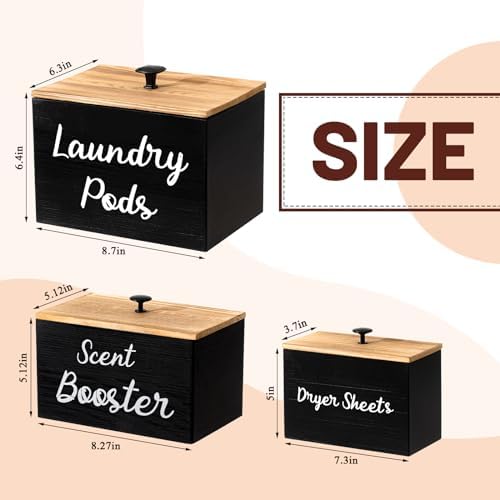 Dandat 3 Pcs Wood Laundry Pods Container Farmhouse Decoration Laundry Room Organization and Storage, Rustic Dryer Sheet Holder Scent Booster Container Set with Scoop(Black) - Image 2