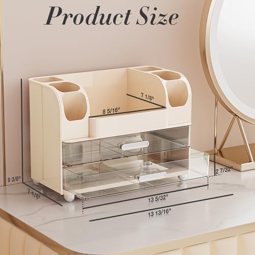 Delamu Large Makeup Organizer Countertop with 6 Brush Holders, Cream White - Image 3