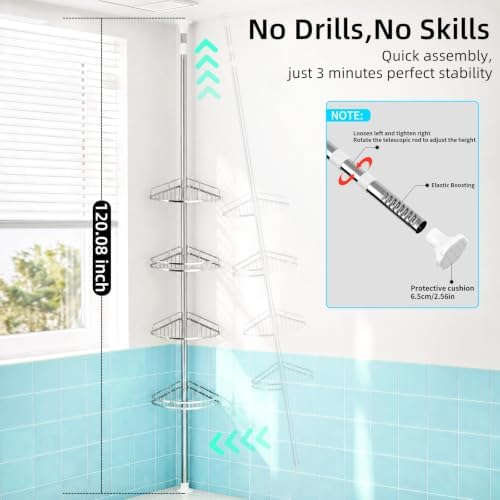 Corner Shower Caddy Tension Pole, Stable, No-Drill for Renters - Image 2