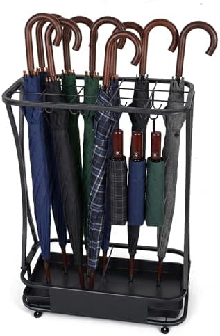 15 Slot Umbrella Stand with 8 Hooks – Heavy Duty Metal Indoor Umbrella Rack Holder with Removable Drip Tray – Large Commercial Entryway Organizer for Office, Lobby or Home by AetherWings