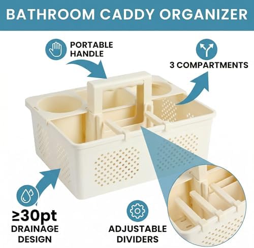 KMV Dorm Room Portable Shower Caddy with Adjustable Compartments - Ventilated Drainage Design with Handles, Perfect Toiletries Organizer for College Dorms-beige - Image 2