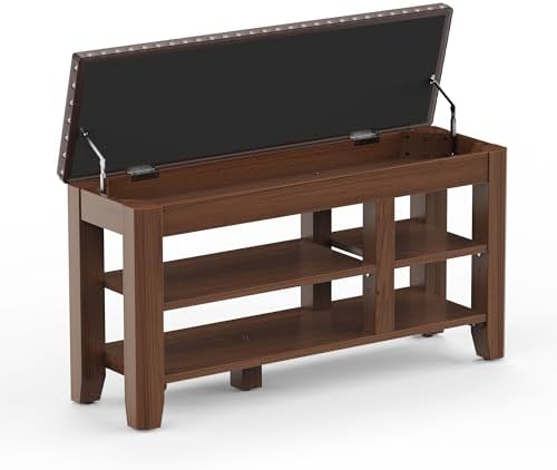 Shoe Bench for Entryway, Solid Rubberwood Shoe Bench with Hidden Storage, Adjustable 2-Tier Shelves & Soft PU Leather Seat, Shoe Rack Durable Easy Assembly for Hallway or Bedroom - Brown, 39.4" by Rosedate