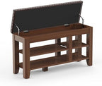 Shoe Bench for Entryway, Solid Rubberwood Shoe Bench with Hidden Storage, Adjustable 2-Tier Shelves & Soft PU Leather Seat, Shoe Rack Durable Easy Assembly for Hallway or Bedroom - Brown, 39.4" by Rosedate