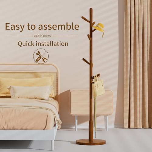 Solid Wood Round Base Coat Rack, Free Standing Hall Coat Tree with 8 Hooks（+2 spare for Coats, Hats, Bags, Purses, for Entryway, Hallway, Rubberwood Hooks,Base and Pole(Round Base,Brown) - Image 4