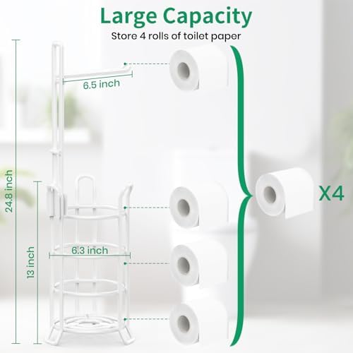 TomCare Toilet Paper Holder Stand Free Standing, Holds 4 Mega Rolls, White - Image 3