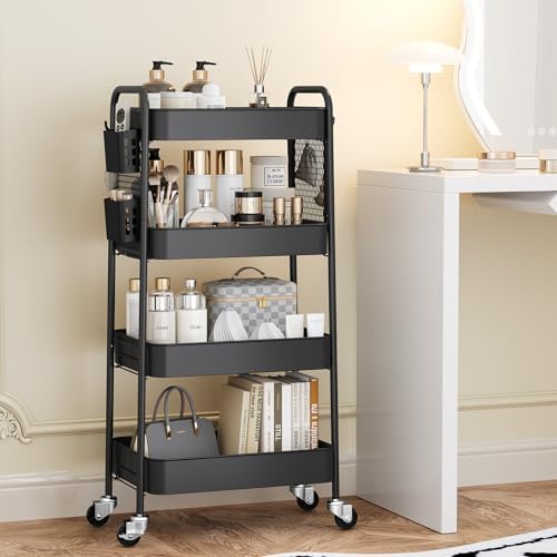TOOLF 4 Tier Rolling Cart, Metal Utility Storage Cart with Pegboard, Black - Image 3