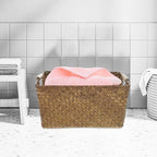 Seagrass Woven Storage Basket with Wood Handles Desktop Organizer - Image 6