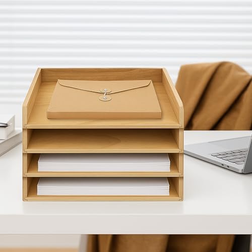 Prolee Stackable Paper Tray,Wooden Paper Organizer for Desk with 4 Letter Trays,Papers Holder and Office Document Organizer Shelf for Mail File Document(Oak,12" x 8" x 1.5") - Image 2