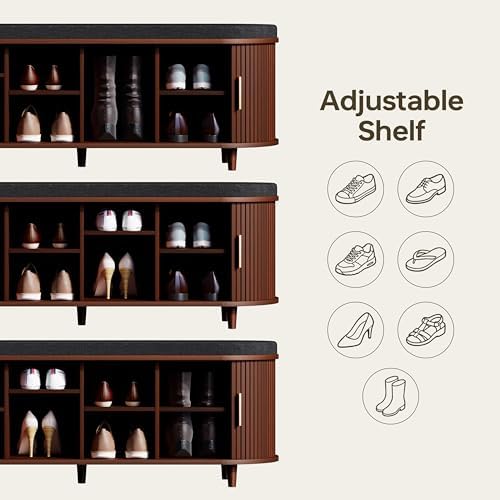DHH 2-Tier Storage Bench,Wide Shoe Bench with Thickened Padded Seat Cushion, Mid Century Modern Fluted Sliding Door and Adjustable Shelf, for Entryway, Living Room, Bedroom (Walnut, 51.2”) - Image 7