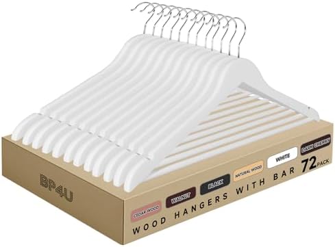 Wooden Clothes Hangers with Pants Bars, White, 72-Pack by BP4U%E2%84%A2