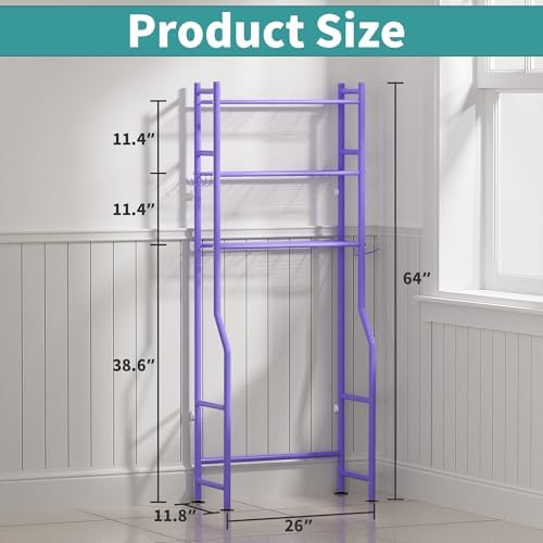 3-Tier Over The Toilet Storage Organizer, Space-Saving Bathroom Rack with Paper Holder & 4 Hooks, 64" Tall Freestanding Carbon Steel Shelf for Small Apartment Laundry Room (Purple) - Image 2