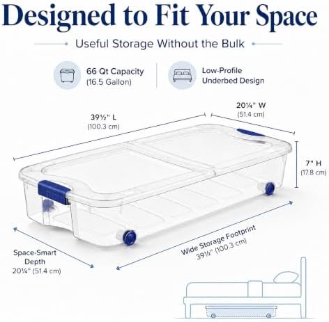 66 Qt Rolling Underbed Storage Bin with Split Lid, Clear Plastic Box, 2pack - Image 3