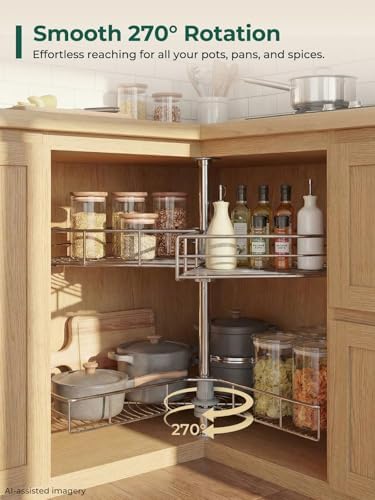 FOHERE 32" Kidney Lazy Susan Corner Cabinet Organizer, 2-Tier Adjustable Height Chrome Steel Shelves, 270° Rotating Tray, Blind Corner Kitchen Storage Replacement - Image 2