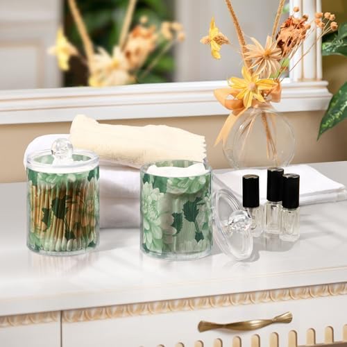 Fustylead 4 Pack Beautiful Light Green Dahlia Qtip Holder Dispensers, Plastic Apothecary Jar Bathroom Accessories Set for Cotton Ball, Swab, Round Pads, Floss - Image 6