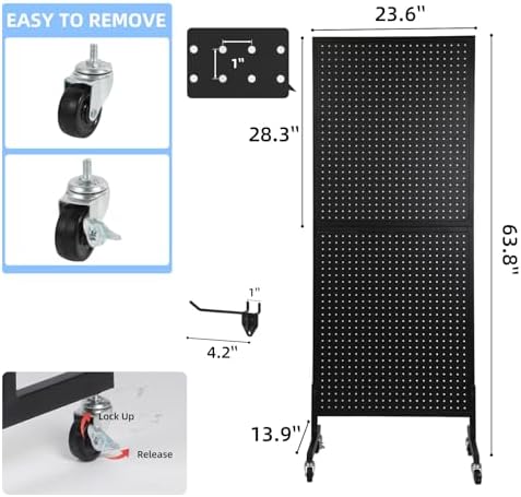 NectaCol 2'x 5' Standing Pegboard Display with T-Base, Pegboard Display Stand with Wheels, Metal Peg Board Display Rack, Art Display Stand, Extra 10 Pieces Hooks - Black - Image 2
