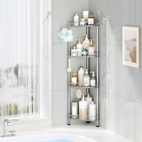 SWTYMIKI Standing Shower Caddy Corner - 4‑Tier Stainless Steel Shower Organizer Shelf with 12 Hooks and Adhesive Pads, Rustproof Corner Shelves Stand Rack for Bathroom Shower Room, Silver - Image 5