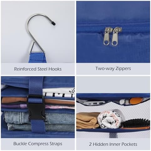 Surblue Hanging Closet Storage Bag Collapsible 3-Shelf Washable Oxford Fabric with 2 Hooks (XL 17.71 * 11.81 * 20in, Blue) - Image 6