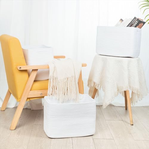 MINTWOOD Design 3-Pack Decorative Woven Storage Baskets for Shelves, Cube Bin Box for Organizing Books, Shoes, Dog Toys, Pantry Closet and Living Room Organizer, Full White - Image 7