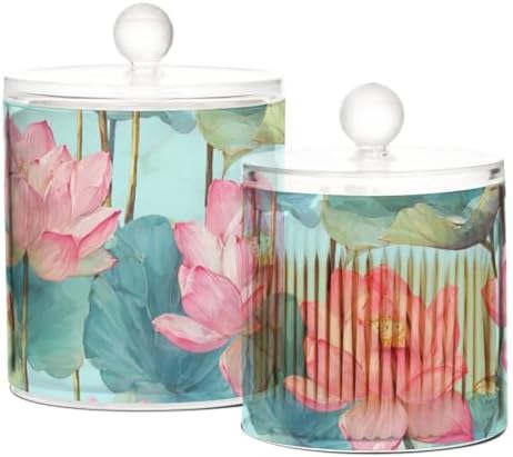 Teal Pink Lotus Flower Qtip Holder Waterproof Dustproof Apothecary Jars with Lids For Bathroom Cotton Swabs Makeup Sponges Floss Picks Bath Salts 2 Pack - Image 2