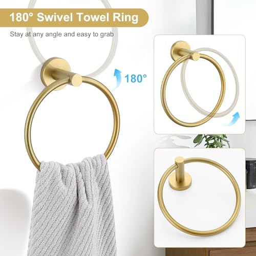 TQKAG Brushed Gold Bathroom Hardware Accessories Set 10-Pieces, Premium SUS304 Stainless Steel Bathroom Towel Bar Holder Set 23.6 Inch Round Towel Racks for Bathroom Wall Mounted - Image 5