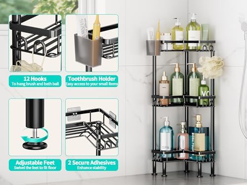 HapiRm Standing Shower Caddy Corner - 3 Tier Corner Shower Organizer with Toothbrush Holder and 12 Hooks, Large Capacity Rustproof Bathroom Shelves for Tall Bottles, Black - Image 2