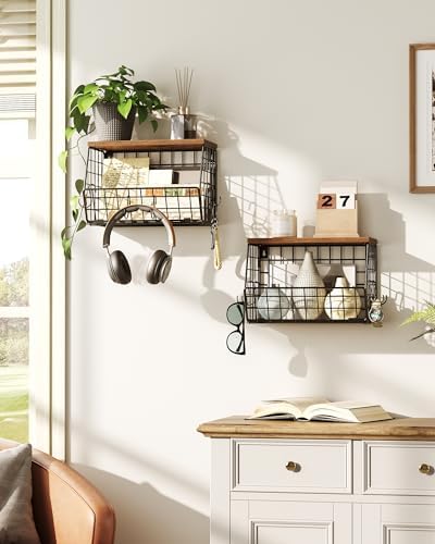 CHOEZON 2-Tier Fruit Basket for Kitchen, Stackable Hanging Basket Wire Baskets with Wooden Lid, Wall-Mounted Kitchen Counter Organizer for Fruit, Vegetable Storage, Rustic Brown and Black TCW02P2BF - Image 3