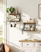CHOEZON 2-Tier Fruit Basket for Kitchen, Stackable Hanging Basket Wire Baskets with Wooden Lid, Wall-Mounted Kitchen Counter Organizer for Fruit, Vegetable Storage, Rustic Brown and Black TCW02P2BF - Image 3