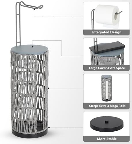 Trongee Boho Toilet Paper Holder with Storage，3 Rolls of Freestanding Toilet Paper Roll Holder Stand,Wicker Tissue Holder for Bathroom,Rattan Sturdy Bathroom Decor Farmhouse Toilet Paper Storage-Grey - Image 6