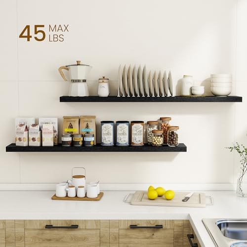 Dreamland 48Inch Floating Shelves for Wall, Rustic Wooden Black Floating Shelves for Living Room, Kitchen, Farmhouse, Deep Wall Mounted Book Shelf, Wood Storage Display Shelf for Home Decor, Set of 2 - Image 2