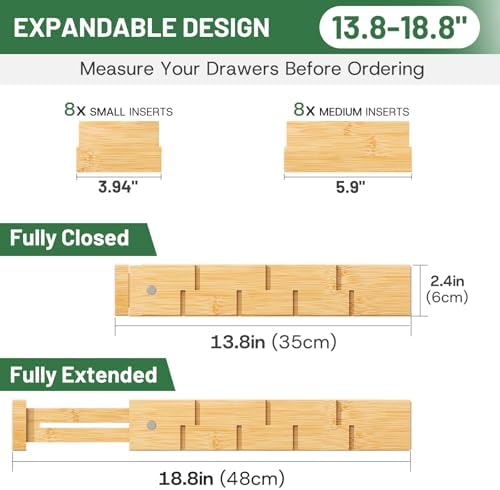 kiplant Bamboo Drawer Dividers - Adjustable Drawer Dividers for Kitchen, Clothes, Closet & Office - 8 Pack with Inserts, 13.8-18.8 Inches, Non-Slip Silicone Ends - Image 2