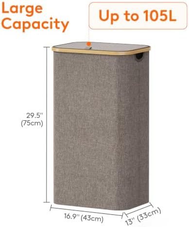 Lifewit 105L Large Laundry Basket with Lid, Removable Bags, Brown - Image 4