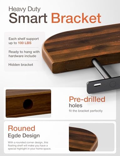 BATODA Set of 2 17" Acacia Wood Floating Shelves for Wall, Walnut Color - Image 4