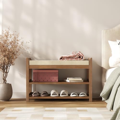 Entryway Shoe Rack Bench with Comfy Cushion, 28" Bamboo Storage Stool, 3-Tier Wooden Shoe Rack for Living Room Bedroom Hallway, Walnut Color - Image 2