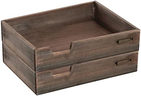 MyGift Set of 2 Vintage Distressed Finish Brown Wood Stackable Office Desktop Document Letter Paper Tray - Image 3