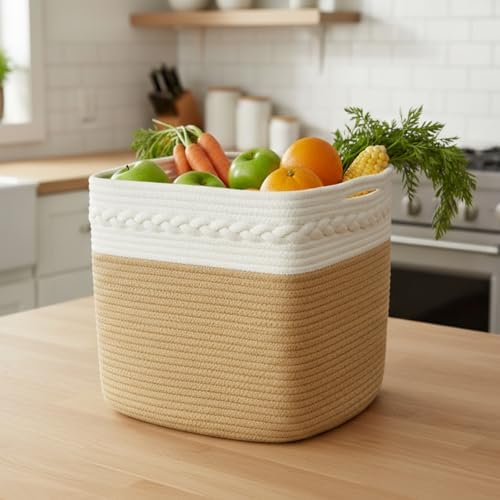 danpinera 3-Pack Cube Storage Bins, 13"x13" Cotton Rope Woven Baskets for Organizing, Square Storage Baskets for Shelves, Books, Towels, Clothes, Toys, White & Khaki - Image 5