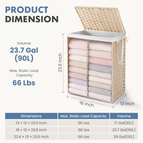 DUMOS Laundry Basket with Lid, 90L Wicker Laundry Hampers, Summer Sand - Image 5