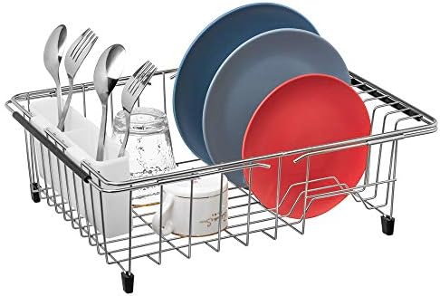SANNO Large Expandable Dish Drying Rack Sink Dish Rack in Sink or On Counter, Dish Drainer Rustproof Stainless Steel with White Utensil Silverware Storage Holders - Image 5