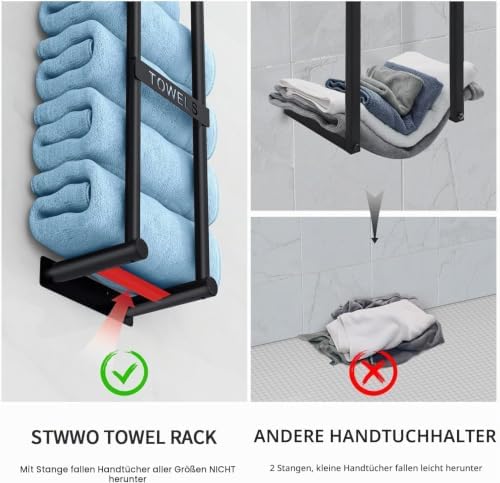 STWWO Bathroom Towel Rack Wall Mounted Can Holds 4 Large Towels, Black - Image 5