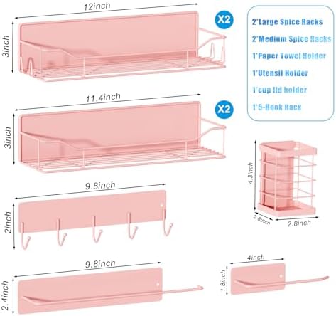 Magnetic Spice Rack for Refrigerator,8 Pack Magnetic Fridge Shelf, Moveable Spice Organizer with Hook Rack, Paper Towel Holder, Utensil Holder,cup lid holder, Super Magnetic Rack Set (Pink) - Image 2