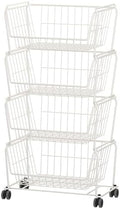 PUSDON 4-Tier Large Stackable Wire Storage Baskets with Wheels, Metal Rolling Utility Cart Organizer, Produce Basket for Kitchen Pantry, Floor Shelf, Classic White by PUSDON