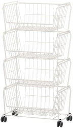 PUSDON 4-Tier Large Stackable Wire Storage Baskets with Wheels, Metal Rolling Utility Cart Organizer, Produce Basket for Kitchen Pantry, Floor Shelf, Classic White by PUSDON