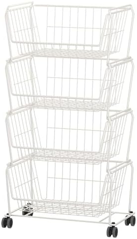 PUSDON 4-Tier Large Stackable Wire Storage Baskets with Wheels, Metal Rolling Utility Cart Organizer, Produce Basket for Kitchen Pantry, Floor Shelf, Classic White by PUSDON