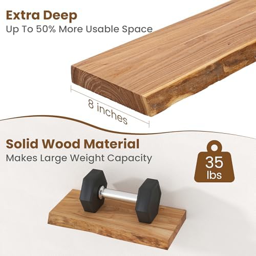 Floating Shelves for Wall Decor, Rustic Solid Elm Wood Live Edge Floating Shelves Wall Mounted, Wall Shelves with Invisible Bracket for Living Room Bathroom Bedroom Kitchen, 16 Inch Set of 2, Natural - Image 5