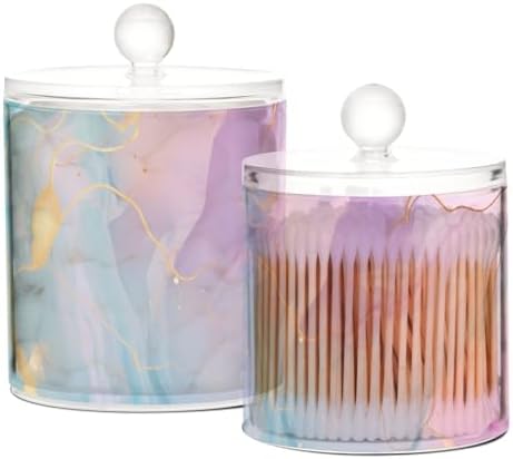 2 Pack Qtip Holder Dispenser with Lids,Watercolor Blue Pink Purple Marble Plastic Cotton Ball Holder Storage Containers,Bathroom Canisters Organizer for Cotton Swab,Cotton Round Pads,Floss 21215203 - Image 2
