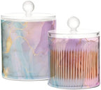 2 Pack Qtip Holder Dispenser with Lids,Watercolor Blue Pink Purple Marble Plastic Cotton Ball Holder Storage Containers,Bathroom Canisters Organizer for Cotton Swab,Cotton Round Pads,Floss 21215203 - Image 2
