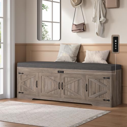 UPOSOJA 60“ Farmhouse Shoe Storage Bench with Deodorizing, Entryway Storage Bench with Cushion Seat, 4 Doors Freestanding Hidden Shoe Rack, Adjustable Shelf, for Bedroom, Living Room (Gray Wash, 60IN) by UPOSOJAWishesYouaNiceDay