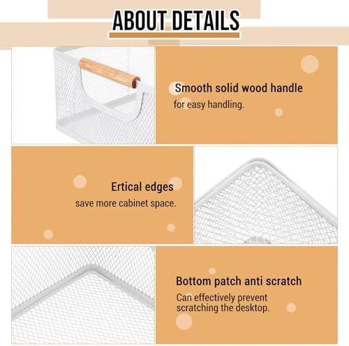 Rtteri 4 Pack White Metal Wire Basket with Wood Handle 2 Size Large Metal Mesh Basket Stackable Wire Storage Bin for Pantry Food Snacks Storage Kitchen Organizing - Image 3