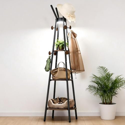 young master Freestanding Coat Rack with Light, 12 Hooks & 3 Wood Shelves, Black by BetheMasterofYourLife